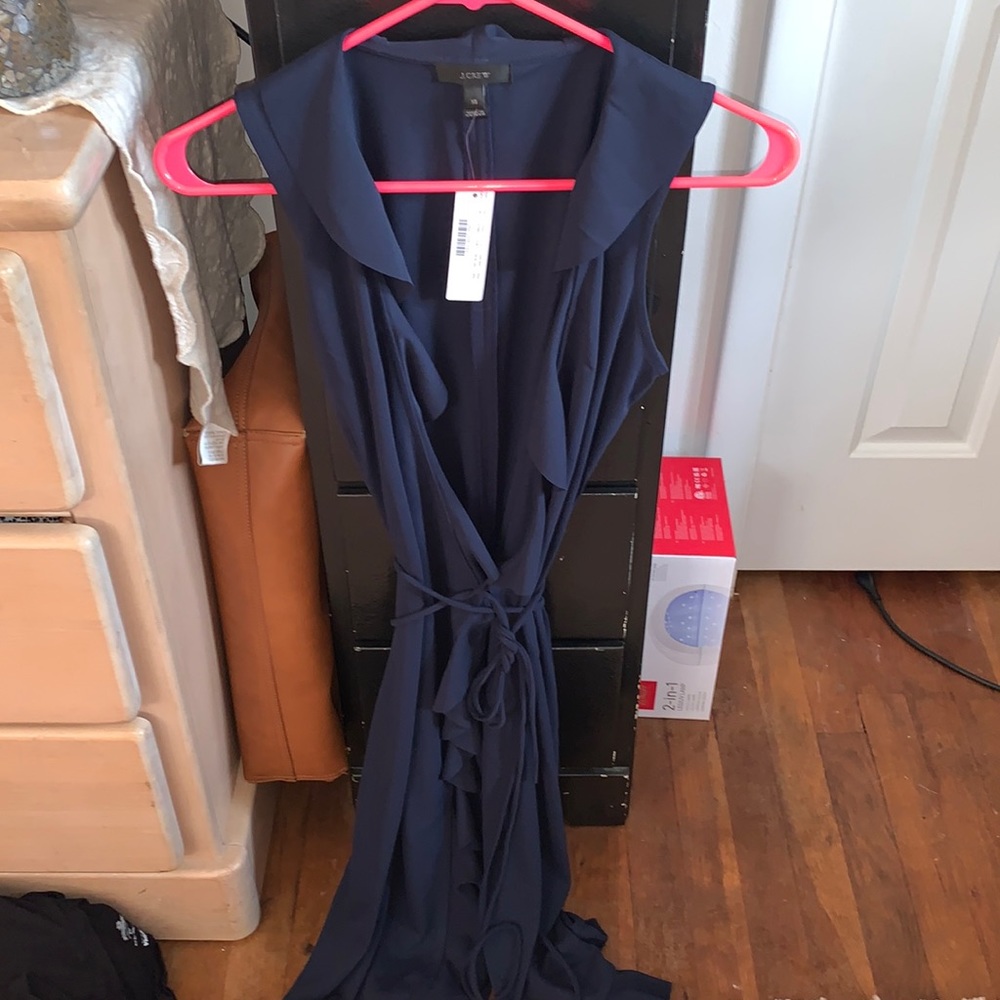 NWT J. Crew Deep V Neck Navy Ruffle Tie Dress